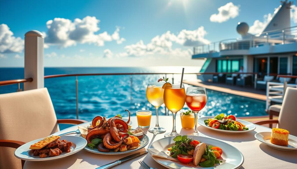 A luxurious all-inclusive cruise dining experience, showcasing a beautifully set table on a sunlit deck. In the foreground, a variety of colorful cocktails and elegant dining plates filled with Mediterranean dishes like grilled octopus, fresh salads, and desserts are artfully arranged. The middle layer features a glistening ocean view and a relaxing lounge area with comfortable seating, all under a bright blue sky with fluffy clouds. In the background, the silhouette of the cruise ship is visible, providing a sense of grandeur. Soft, warm lighting enhances the inviting atmosphere, creating a feeling of relaxation and indulgence. The scene captures the essence of a serene dining moment on the Mediterranean Sea.