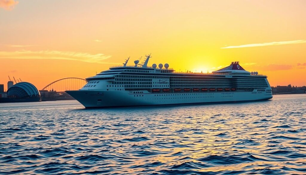 A panoramic view of the Nieuw Statendam cruise ship departing from the vibrant port of Rotterdam, set against a brilliant sunset sky. In the foreground, gentle ripples of water reflect the warm oranges and pinks of the sky, while the majestic ship looms large, with its sleek hull and elegant decks visible. In the middle ground, the city of Rotterdam boasts iconic modern architecture and the famous Erasmus Bridge, illuminated by the golden light. In the background, the horizon stretches into the distance, hinting at the vast Mediterranean seas awaiting the ship. The atmosphere is filled with anticipation and adventure, capturing the essence of embarking on a long southern cruise. The image is bright and clear, showcasing a serene yet exciting maritime journey.