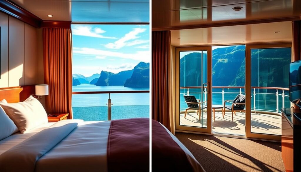 A serene comparison of an interior cabin and a balcony cabin aboard a cruise ship, set against the backdrop of the stunning Norwegian fjords. In the foreground, the cozy interior cabin features elegant furnishings, soft lighting, and a neatly made bed, showcasing comfort and warmth. To the side, the balcony cabin opens to a breathtaking view, its sliding glass doors revealing an expansive balcony with chairs facing the fjord waters. The mid-ground includes scenic hills and lush greenery reflecting in the blue water, with vivid skies showing wisps of clouds. The atmosphere feels tranquil and inviting, enhanced by gentle morning light casting soft shadows, captured from a slightly elevated angle to emphasize both cabin types.