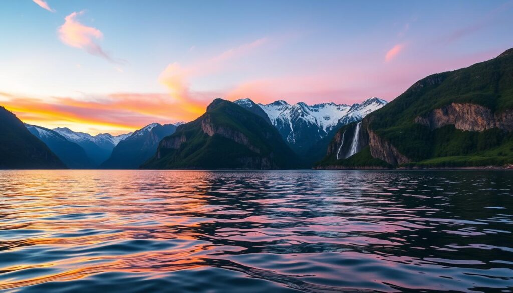 A serene summer evening over the breathtaking fjords of Norway, captured during a tranquil cruise. In the foreground, gentle ripples reflect the warm golden hues of the setting sun on the water's surface. The middle ground features majestic cliffs adorned with lush greenery, leading up to snow-capped mountain peaks in the background, bathed in soft twilight shades of purple and pink. The sky is vast, painted in vibrant oranges and soft blues, dotted with delicate wisps of clouds. The scene conveys a sense of peace and adventure, evoking the allure of exploring Norway's stunning landscapes. Soft, diffused lighting enhances the tranquility, while a wide-angle perspective captures the expansive beauty of the fjord, inviting viewers into this enchanting maritime experience.