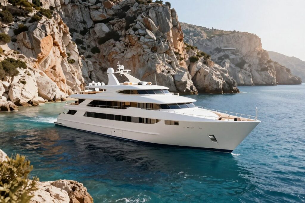 Luxe cruiseschip voor anker in een stille baai bij een zonnige bestemming met helder water Luxe cruiseschip voor anker in een stille baai bij een zonnige bestemming met helder water