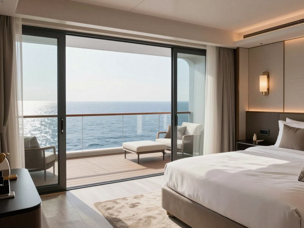 Ruime moderne suite met privƩbalkon en panoramisch uitzicht over zee aan boord van een luxe cruiseschip Ruime moderne suite met privƩbalkon en panoramisch uitzicht over zee aan boord van een luxe cruiseschip