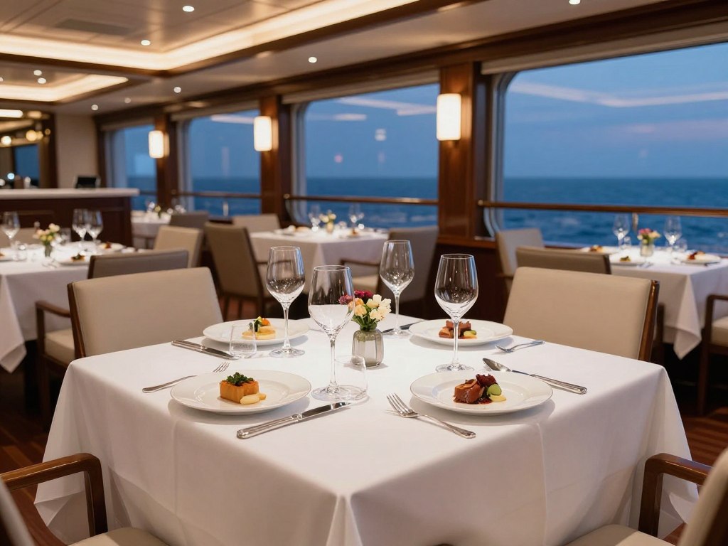 Verfijnd dineren in een gastronomisch restaurant met zeezicht op een luxe schip Verfijnd dineren in een gastronomisch restaurant met zeezicht op een luxe schip